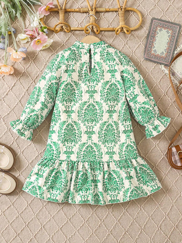 Young Girl' Casual Floral Print Long Sleeve Ruffle Hem Dress, Suitable For Spring/Autumn