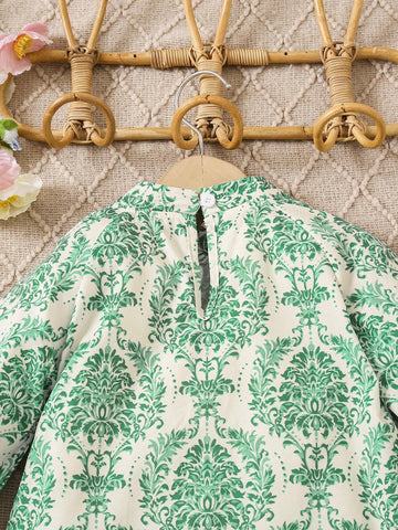 Young Girl' Casual Floral Print Long Sleeve Ruffle Hem Dress, Suitable For Spring/Autumn