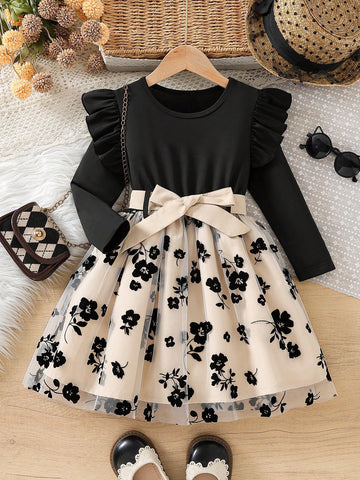 Young Girl Casual Floral Print Mesh Contrast Dress + Matching Belt