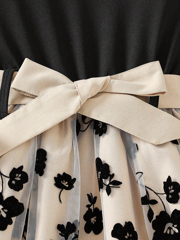 Young Girl Casual Floral Print Mesh Contrast Dress + Matching Belt