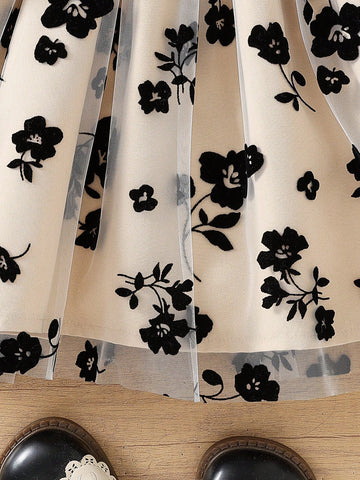 Young Girl Casual Floral Print Mesh Contrast Dress + Matching Belt