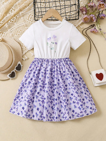 Young Girl Casual Floral Print Round Neck Short Sleeve Dress For Daily Wear, Summer