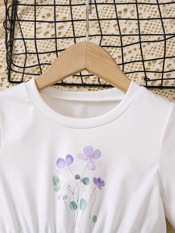 Young Girl Casual Floral Print Round Neck Short Sleeve Dress For Daily Wear, Summer