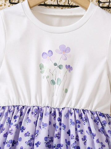 Young Girl Casual Floral Print Round Neck Short Sleeve Dress For Daily Wear, Summer