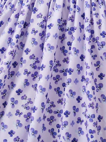 Young Girl Casual Floral Print Round Neck Short Sleeve Dress For Daily Wear, Summer