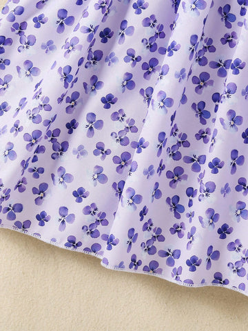Young Girl Casual Floral Print Round Neck Short Sleeve Dress For Daily Wear, Summer
