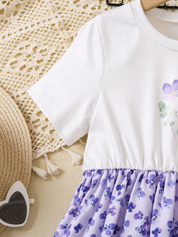 Young Girl Casual Floral Print Round Neck Short Sleeve Dress For Daily Wear, Summer