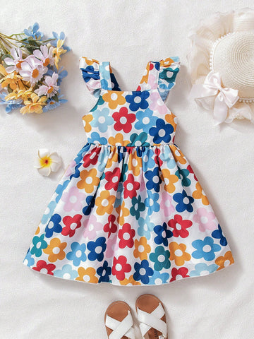 Young Girl Casual Floral Print Sleeveless Ruffle Hem Dress