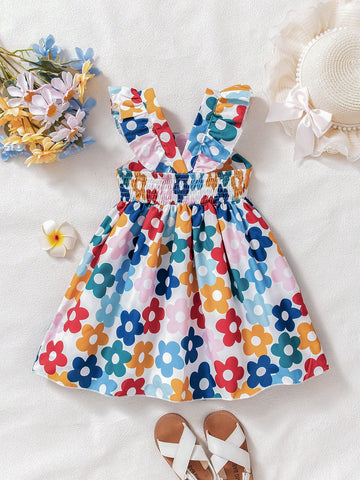 Young Girl Casual Floral Print Sleeveless Ruffle Hem Dress