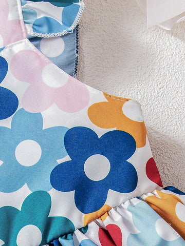 Young Girl Casual Floral Print Sleeveless Ruffle Hem Dress