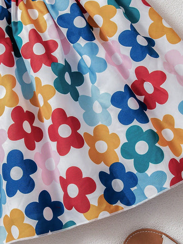Young Girl Casual Floral Print Sleeveless Ruffle Hem Dress