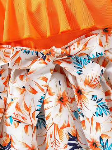 Young Girl Casual Floral Print Spaghetti Strap Dress With Ribbed & Striped Hem Detail, Includes Belt, Suitable For Outdoor Activities, Travel, Holiday, Leisure And Parties In Summer
