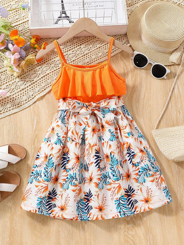 Young Girl Casual Floral Print Spaghetti Strap Dress With Ribbed & Striped Hem Detail, Includes Belt, Suitable For Outdoor Activities, Travel, Holiday, Leisure And Parties In Summer