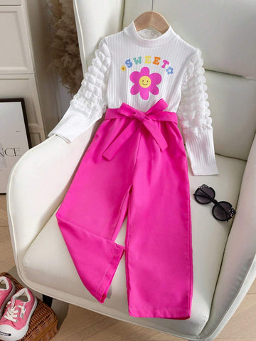 Young Girl Casual Floral & Letter Pattern Jacquard Long Sleeve Jumpsuit With Wide-Leg Pants, For Fall