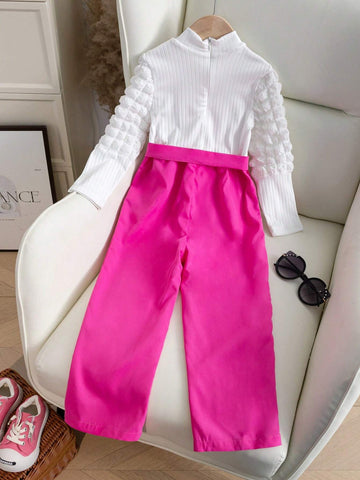 Young Girl Casual Floral & Letter Pattern Jacquard Long Sleeve Jumpsuit With Wide-Leg Pants, For Fall