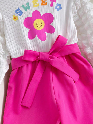 Young Girl Casual Floral & Letter Pattern Jacquard Long Sleeve Jumpsuit With Wide-Leg Pants, For Fall