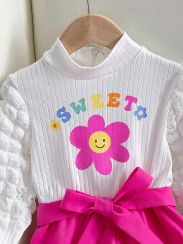 Young Girl Casual Floral & Letter Pattern Jacquard Long Sleeve Jumpsuit With Wide-Leg Pants, For Fall