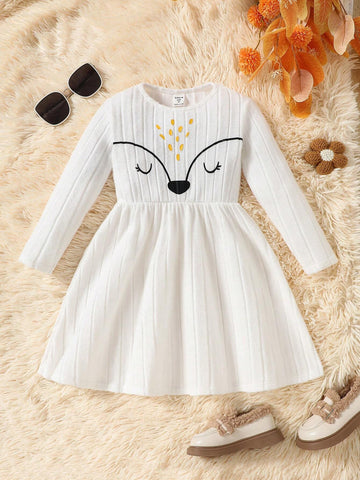 Young Girl Casual Fox Face Print Knitted Dress