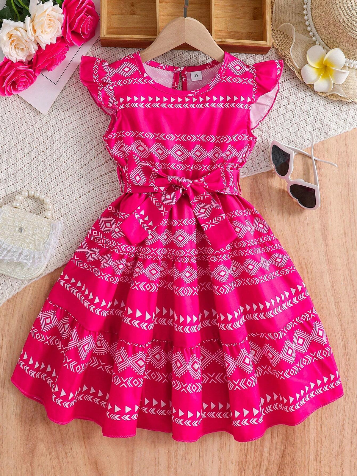 Young Girl Casual Geometric Pattern Short Sleeve Holiday Dress