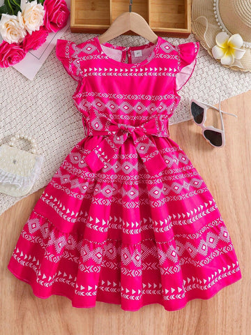 Young Girl Casual Geometric Pattern Short Sleeve Holiday Dress