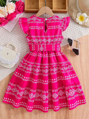 Young Girl Casual Geometric Pattern Short Sleeve Holiday Dress