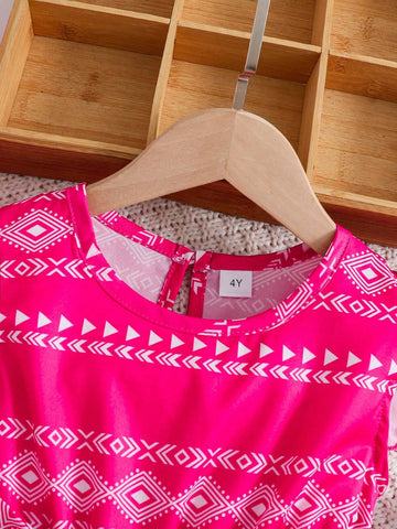 Young Girl Casual Geometric Pattern Short Sleeve Holiday Dress