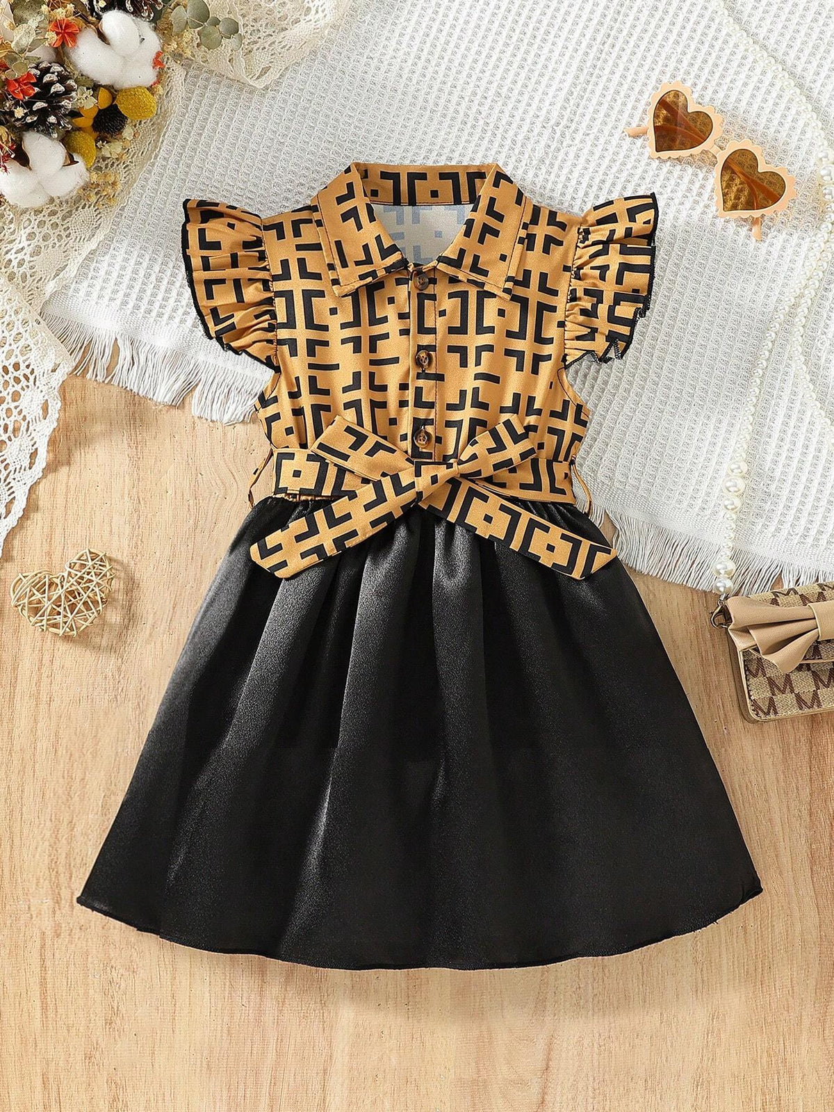 Young Girl Casual Geometric Print Turn Down Collar Short Sleeve Summer Dress