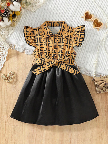 Young Girl Casual Geometric Print Turn Down Collar Short Sleeve Summer Dress