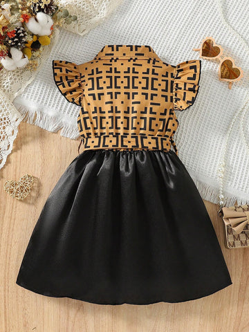 Young Girl Casual Geometric Print Turn Down Collar Short Sleeve Summer Dress