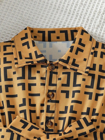 Young Girl Casual Geometric Print Turn Down Collar Short Sleeve Summer Dress
