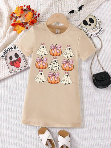 Young Girl Casual Halloween Elements Plaid Bow Pumpkin Ghost Print Short Sleeve T-Shirt Dress