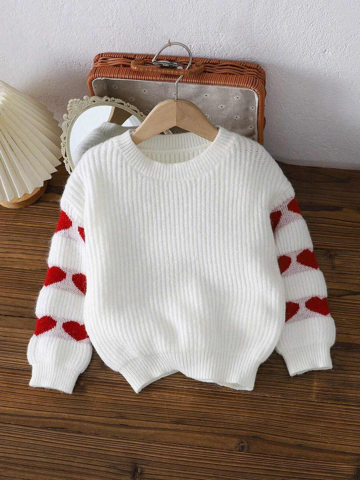 Young Girl Casual Heart Jacquard Puff Sleeve Sweater, Autumn/Winter