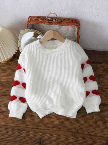 Young Girl Casual Heart Jacquard Puff Sleeve Sweater, Autumn/Winter
