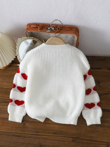Young Girl Casual Heart Jacquard Puff Sleeve Sweater, Autumn/Winter