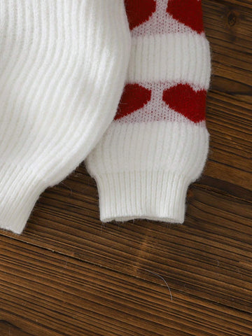 Young Girl Casual Heart Jacquard Puff Sleeve Sweater, Autumn/Winter