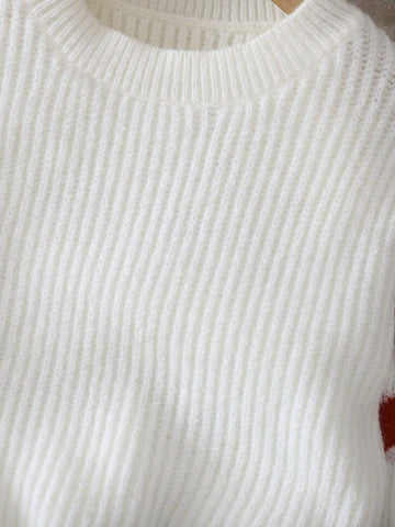 Young Girl Casual Heart Jacquard Puff Sleeve Sweater, Autumn/Winter