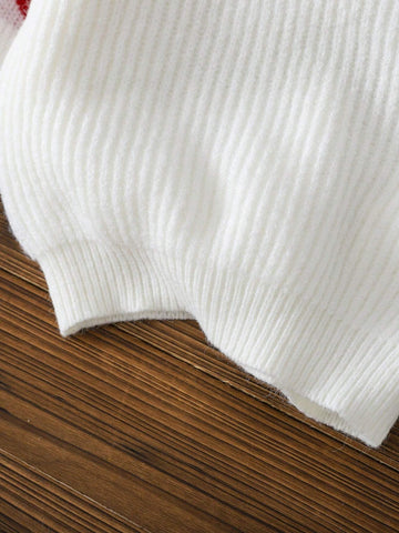 Young Girl Casual Heart Jacquard Puff Sleeve Sweater, Autumn/Winter