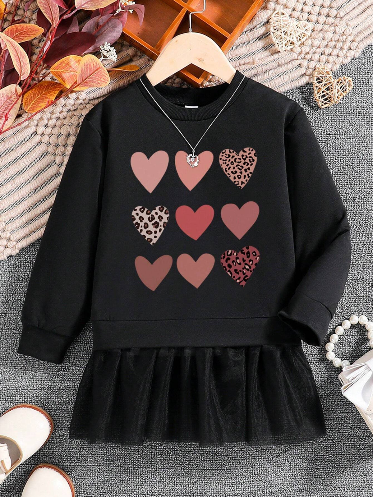 Young Girl Casual Heart Print Patchwork Net Fabric 2-In-1 Sweatshirt Dress