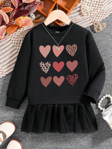 Young Girl Casual Heart Print Patchwork Net Fabric 2-In-1 Sweatshirt Dress