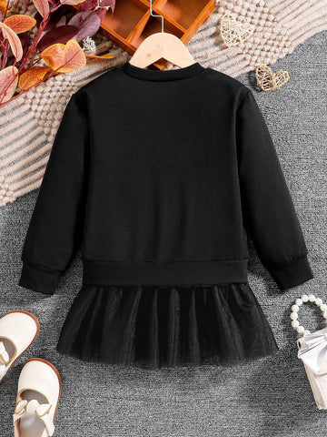 Young Girl Casual Heart Print Patchwork Net Fabric 2-In-1 Sweatshirt Dress