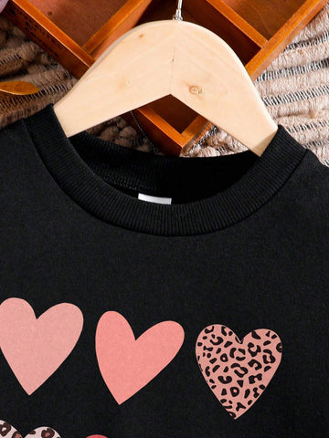 Young Girl Casual Heart Print Patchwork Net Fabric 2-In-1 Sweatshirt Dress
