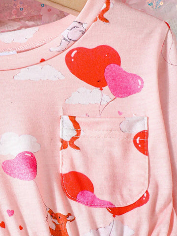 Young Girl Casual Heart Shaped Cartoon Rabbit Printed Long Sleeve Pleated Dress