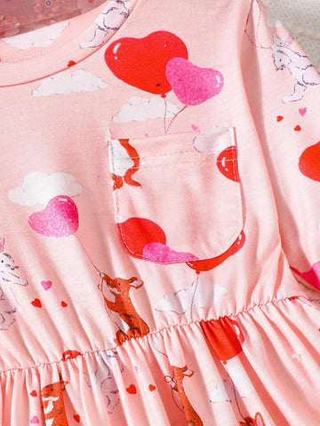 Young Girl Casual Heart Shaped Cartoon Rabbit Printed Long Sleeve Pleated Dress