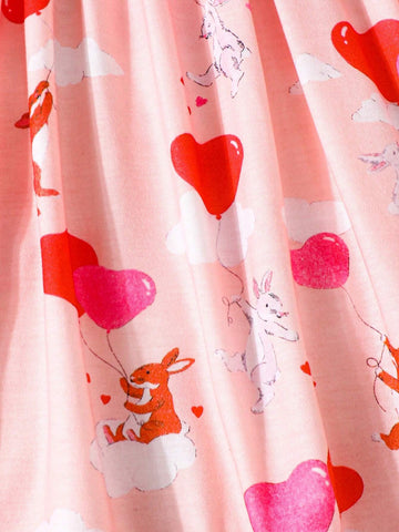 Young Girl Casual Heart Shaped Cartoon Rabbit Printed Long Sleeve Pleated Dress