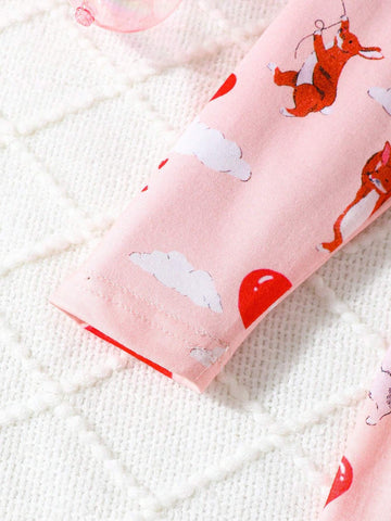 Young Girl Casual Heart Shaped Cartoon Rabbit Printed Long Sleeve Pleated Dress