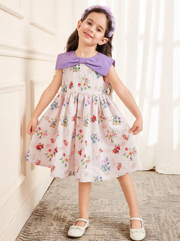 Young Girl Casual Holiday Colorblock Collar Woven Embroidery Ditsy Floral Waist Gathered Sleeveless Dress