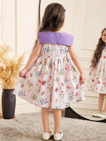Young Girl Casual Holiday Colorblock Collar Woven Embroidery Ditsy Floral Waist Gathered Sleeveless Dress