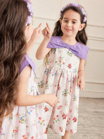 Young Girl Casual Holiday Colorblock Collar Woven Embroidery Ditsy Floral Waist Gathered Sleeveless Dress