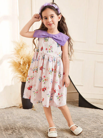Young Girl Casual Holiday Colorblock Collar Woven Embroidery Ditsy Floral Waist Gathered Sleeveless Dress