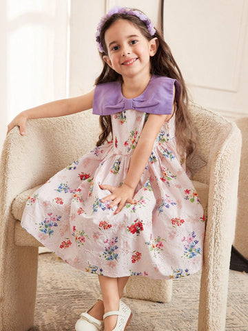 Young Girl Casual Holiday Colorblock Collar Woven Embroidery Ditsy Floral Waist Gathered Sleeveless Dress